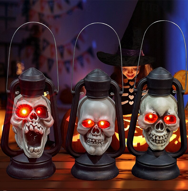 Halloween håndtak LED lysende hodeskaller hode røde øyne lampe glødende i mørke retro parafinlampe festdekorasjon 2025 - $24.99 –P4