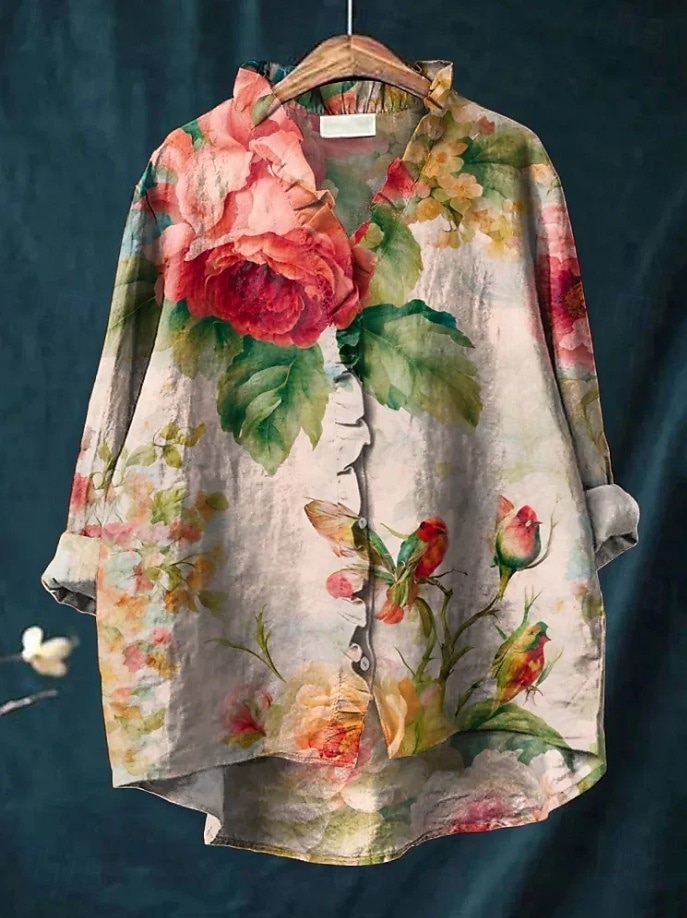 Damskie Koszula Boho Falbana Kwiaty Graficzny Bohema Zabytkowe Elegancki Długi rękaw Zwykłe topy Codzienny Święto Szałwiowy Rumiany róż Brudny róż Fioletowy Fuksja Lato Wiosna Jesień 2026 - $29.99 –P2