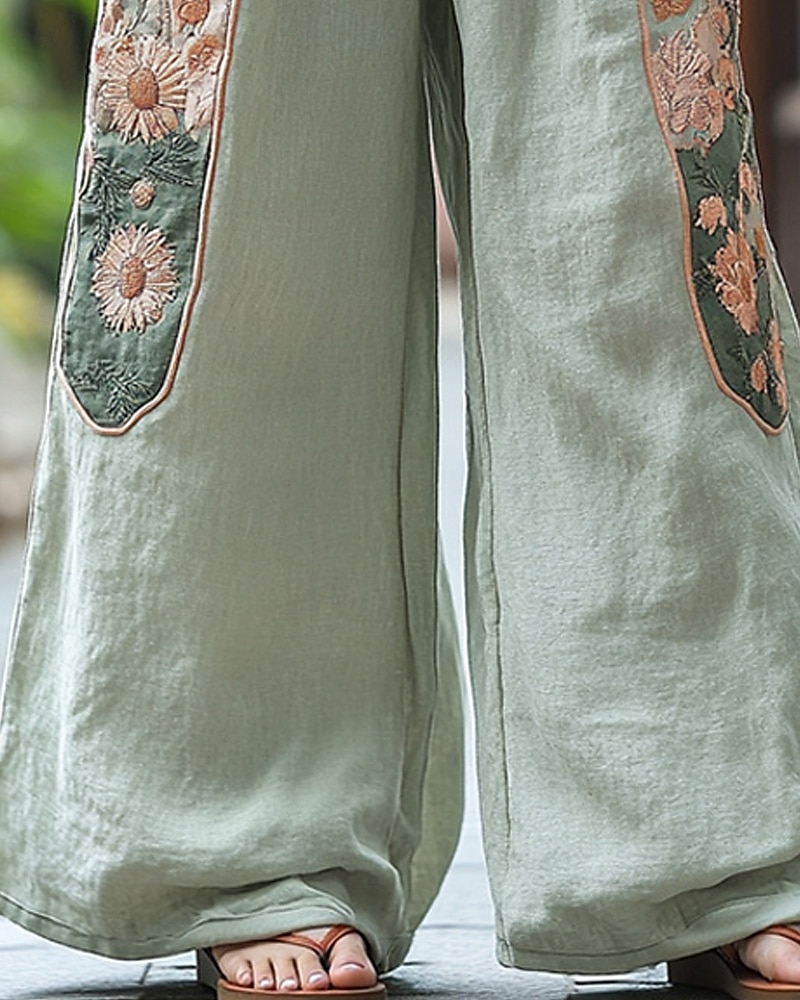 Dam Brett skaft Byxor Palazzo byxor Mode Boho Fullängd Hög midja Blomma Elastisk midja Snörning Mönster Mateial som andas Bekväm Gata Dagliga kläder Utekväll ljusgrön Vår Höst Normal 2025 - $20.99 –P3
