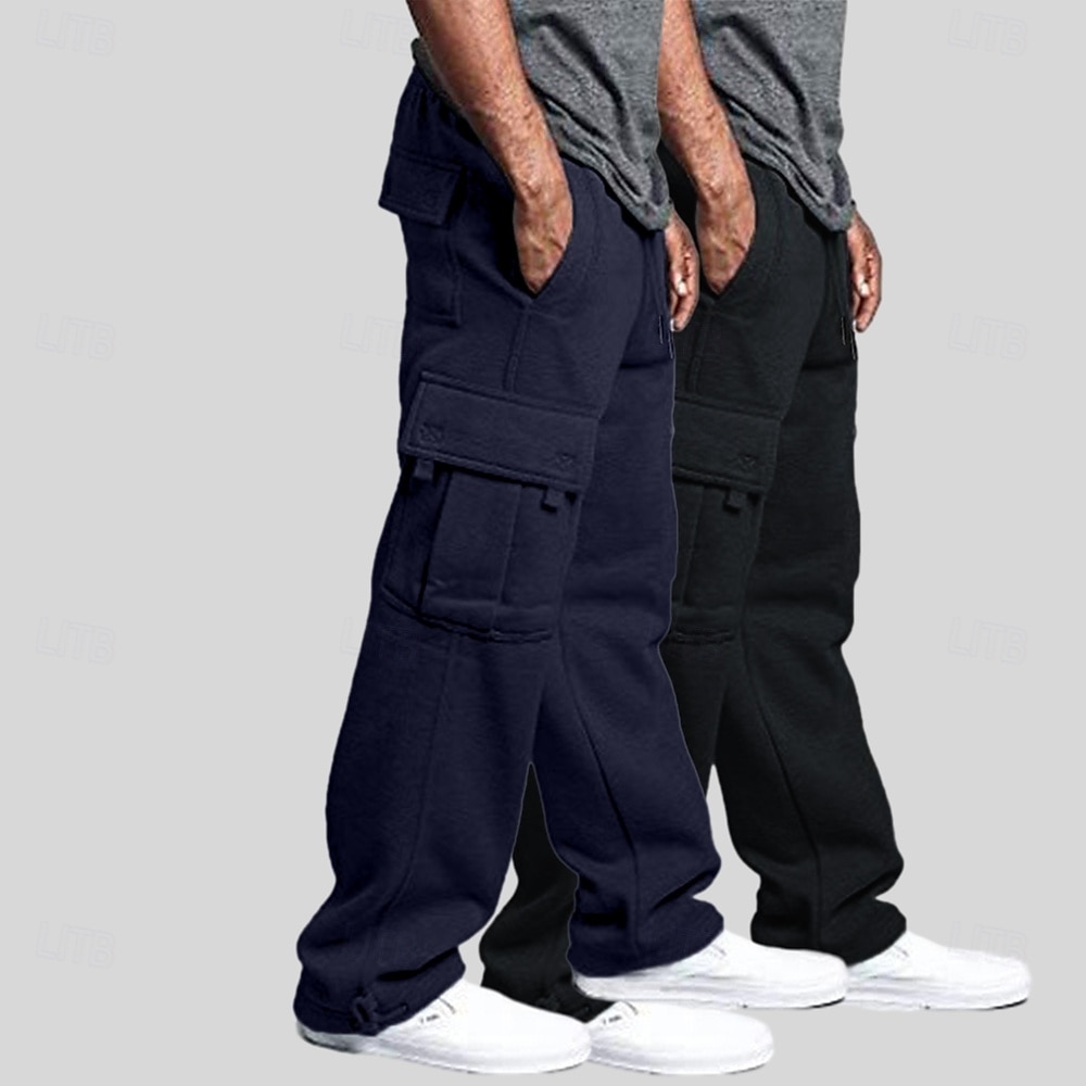2025年 男性用 フリースパンツ スウェットパンツ ジョガー ズボン カーゴスウェットパンツ 弾性ウエスト ドローストリング マルチポケット 純色 ウォーム 吸汗性 全長 カジュアル 日常 ランニング ファッション ストリートファッション ブラック+ネイビーブルー ブラック＋ライトグレー 伸縮性あり  コレクション – $27.99 –P11