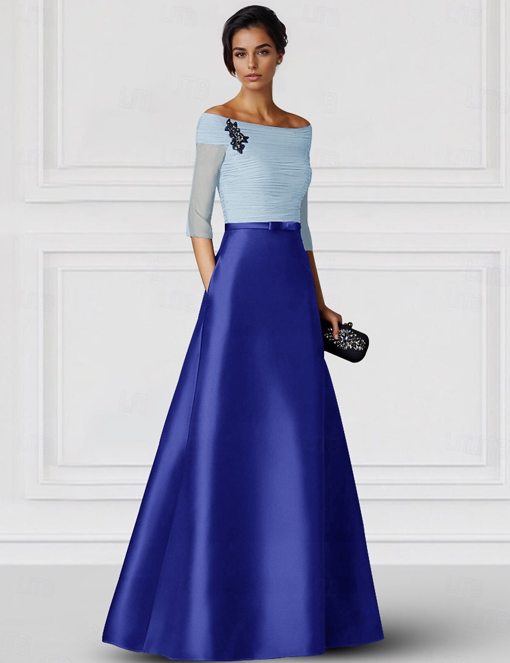 Abito da sera elegante a trapezio in raso con tasche, nero, oro e bianco, formale, da sposa, lungo fino al pavimento, manica a mezza manica, con scollo a V e arricciato, 2025 del 2025 a $139.99 –P4