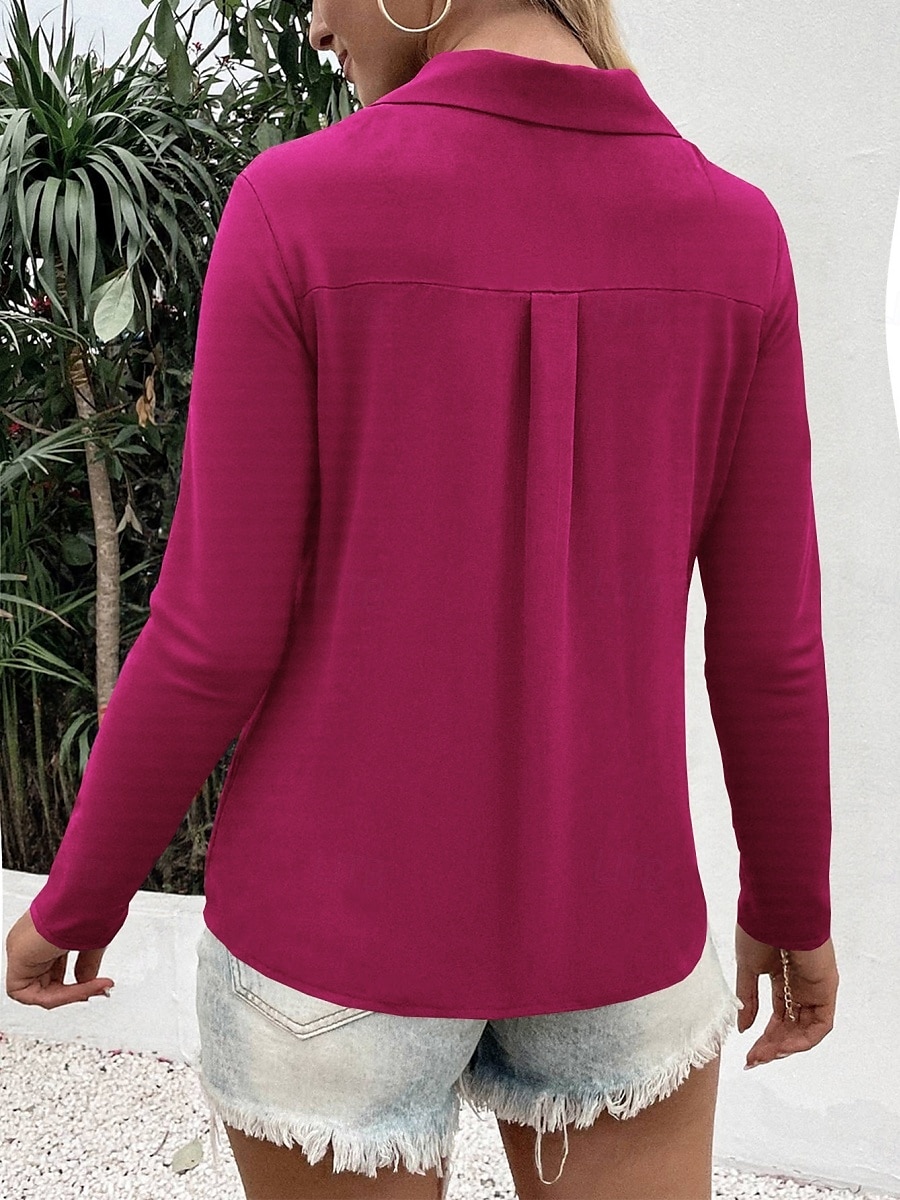 Camicia da donna con bottoni blusa unicolore elegante casual a maniche lunghe scollata a V colletto regolare eleganti quotidiani stampa nera bianca blu fucsia estate primavera del 2025 a $21.99 –P8