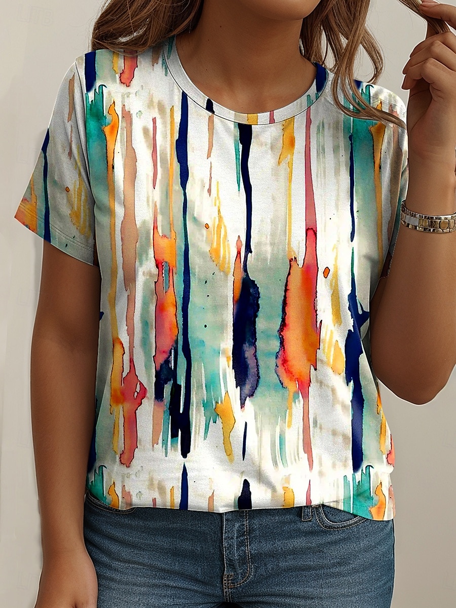 Damen Übergröße Oberteile T Shirt Grafik Abstrakt Druck Kurzarm Rundhalsausschnitt Lässig Täglich Polyester Sommer Frühling Weiß Blau 2025 - $19.99 –P1