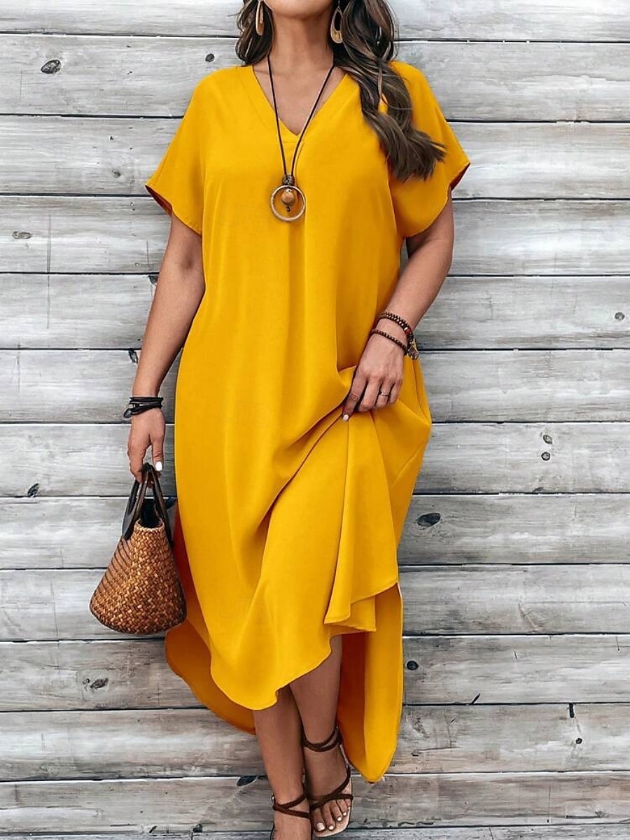 Femmes Grande taille Robe Décontractée Couleur Unie Col en V Manche Courte Été Printemps Élégant Mode Moderne Occasionnel Robe Maxi Quotidien Fête Robe de 2025 ? $33.99 –P6