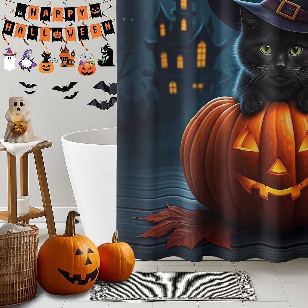 Halloweenský sprchový závěs s háčky, polyesterový, pratelný, voděodolný, vzorovaný, koupelnová vana, dekorace 2025 - $21.99 –P18