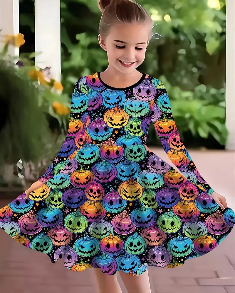 Halloween Dziewczyny ' 3D Halloweenowa dynia Sukienka Długi rękaw Lato Wiosna Urlop Codzienny Święto Księżniczka Piękny Słodkie Dzieci 4-12 lat Codzienne sukienki Sukienka A line Do kolan Regularny 2025 - $16.99 –P1