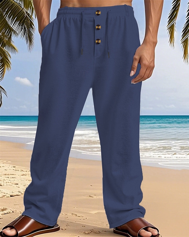 Men's Linen Pants Trousers Summer Pants Beach Pants Pocket Elastic Waist Drawstring Plain Comfort Breathable Vacation Daily Holiday Hawaiian Boho Dark Khaki Black 2025 - $18.99 –P4