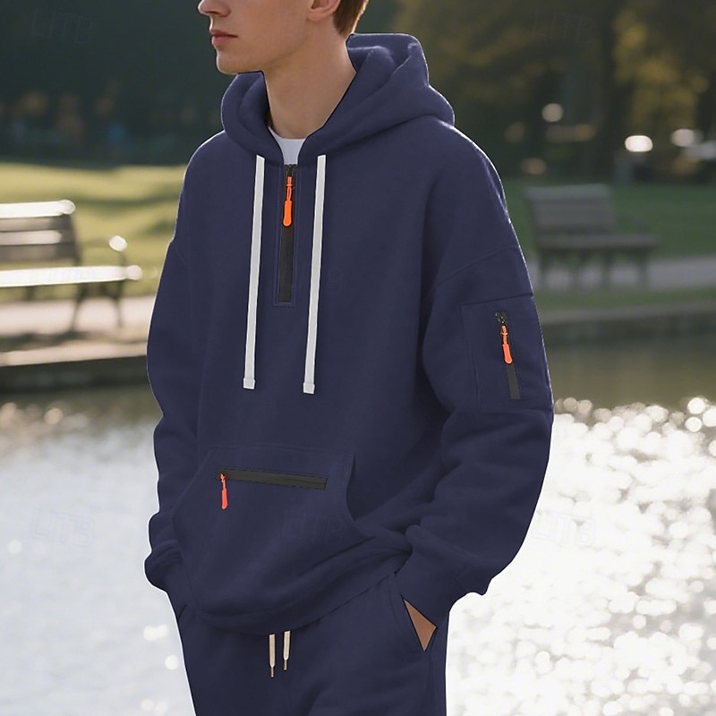 Hombre Sudadera Sudadera con capucha y cremallera de un cuarto Sudadera con capucha de lana Negro Blanco Azul Marino Caqui Gris Claro Con Capucha Plano Bolsillo Cremallera de un cuarto Deporte Diario 2025 - $23.99 –P12