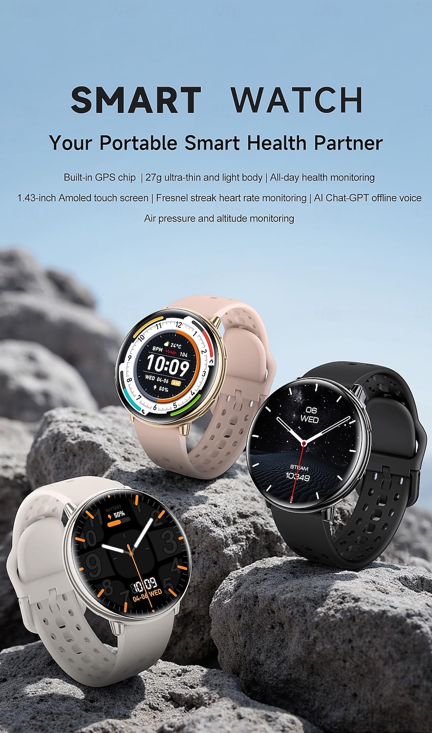 HD21 Montre intelligente 1.43 pouce Smartwatch Montre Connectée Bluetooth Minuterie Rappel d'appel Moniteur de Fréquence Cardiaque Rappel sédentaire Trouver mon Appareil Compatible avec Android iOS de 2025 ? $52.99 –P1