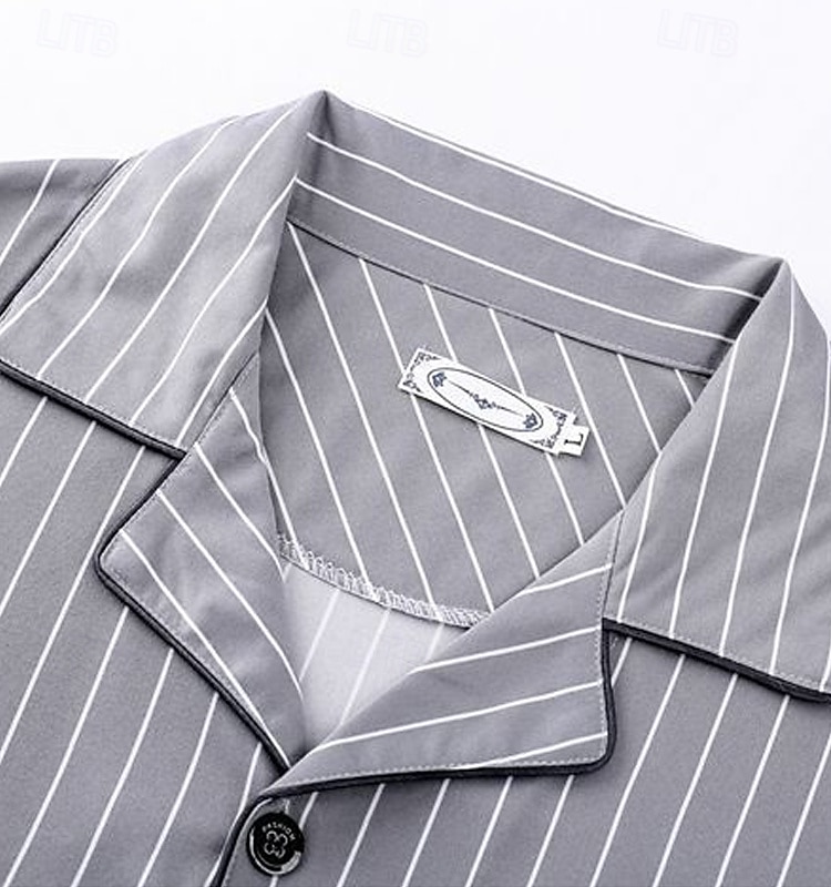 Men's Sleepwear Pajama Set Pajama Top and Pant 1 set Stripe Fashion Stylish Classic Home Daily Bed Polyester Comfort Soft Breathable Lapel Long Sleeve Shirt Pant Elastic Waist Buttons Spring Fall 2025 - $16.99 –P5