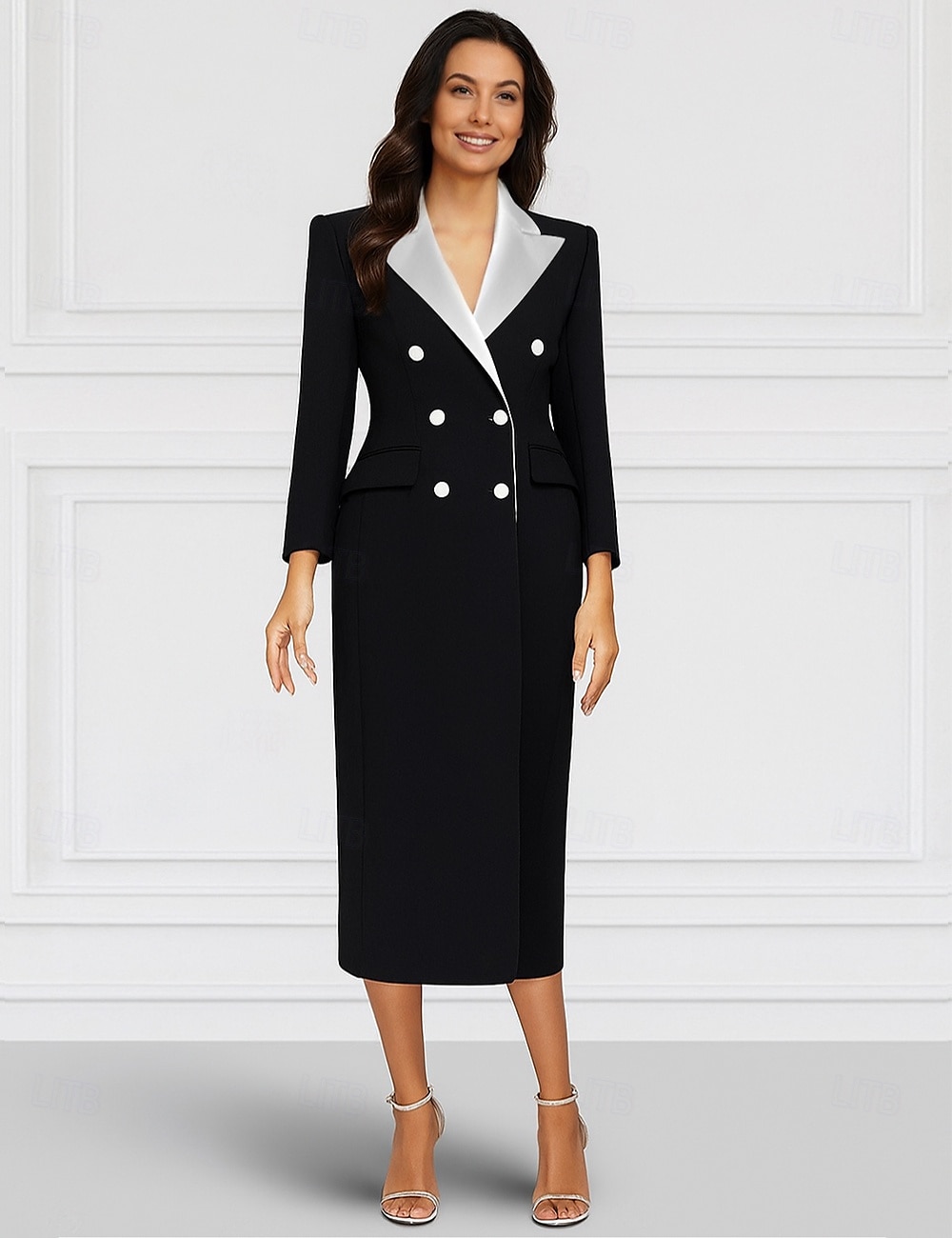 Robe blazer colonne mère de la mariée formelle élégante col chemise longueur cheville tissu extensible manches longues avec bloc de couleur 2025 de 2025 ? $154.99 –P1
