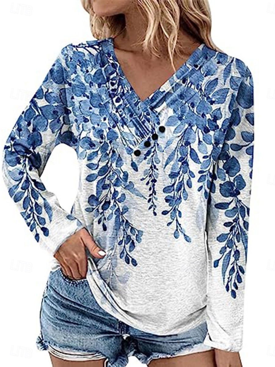 Women's Blouse Buttons Print Floral Stylish Modern Long Sleeve V Neck Regular Tops Daily Holiday Light Green Royal Blue Gray Light Blue Summer Spring Fall 2026 - $23.99 –P1