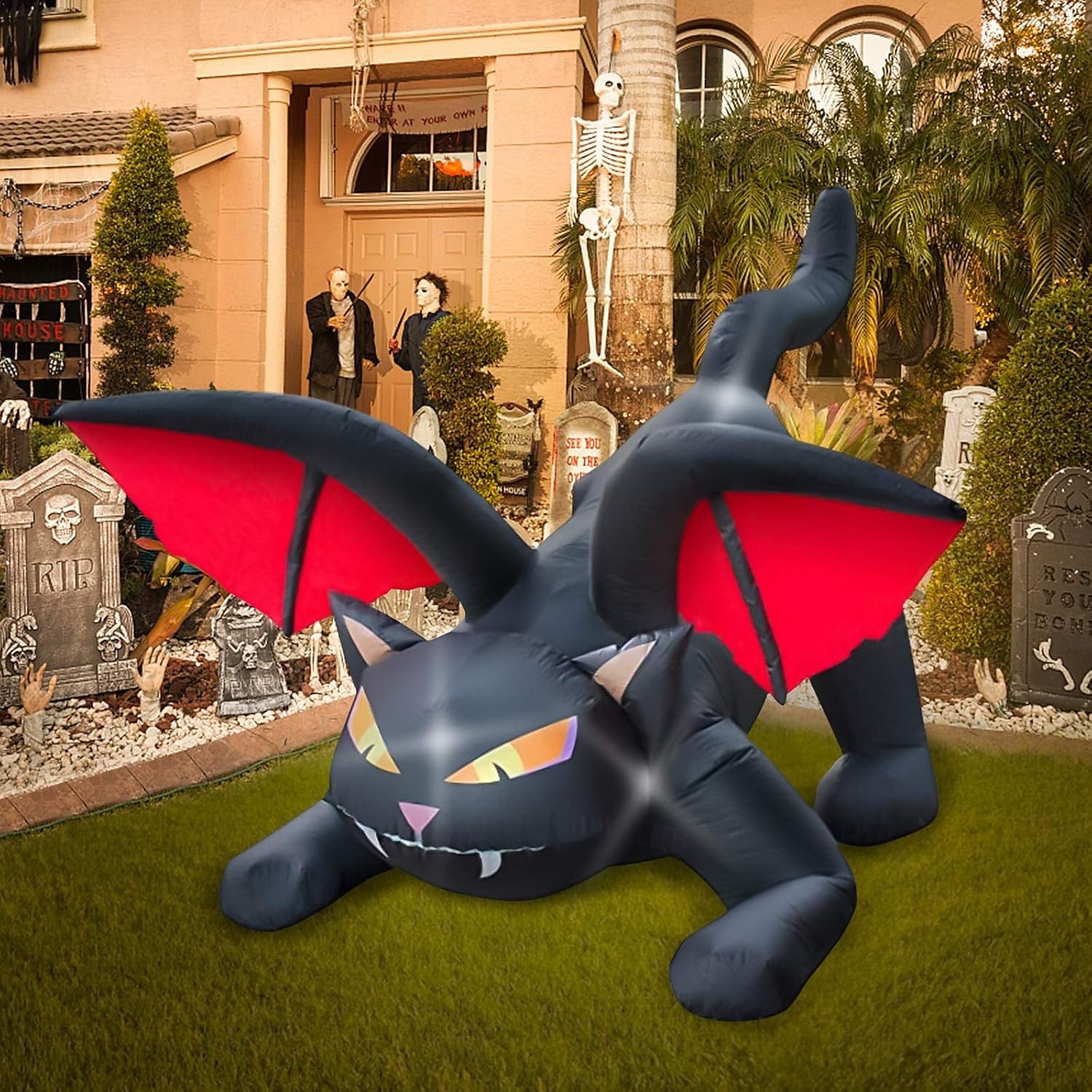 1 modèle gonflable de chat noir d'Halloween de 2,4 m avec lumière pour une atmosphère de fête d'horreur et étrange à l'intérieur et à l'extérieur d'Halloween de 2025 ? $71.99 –P8