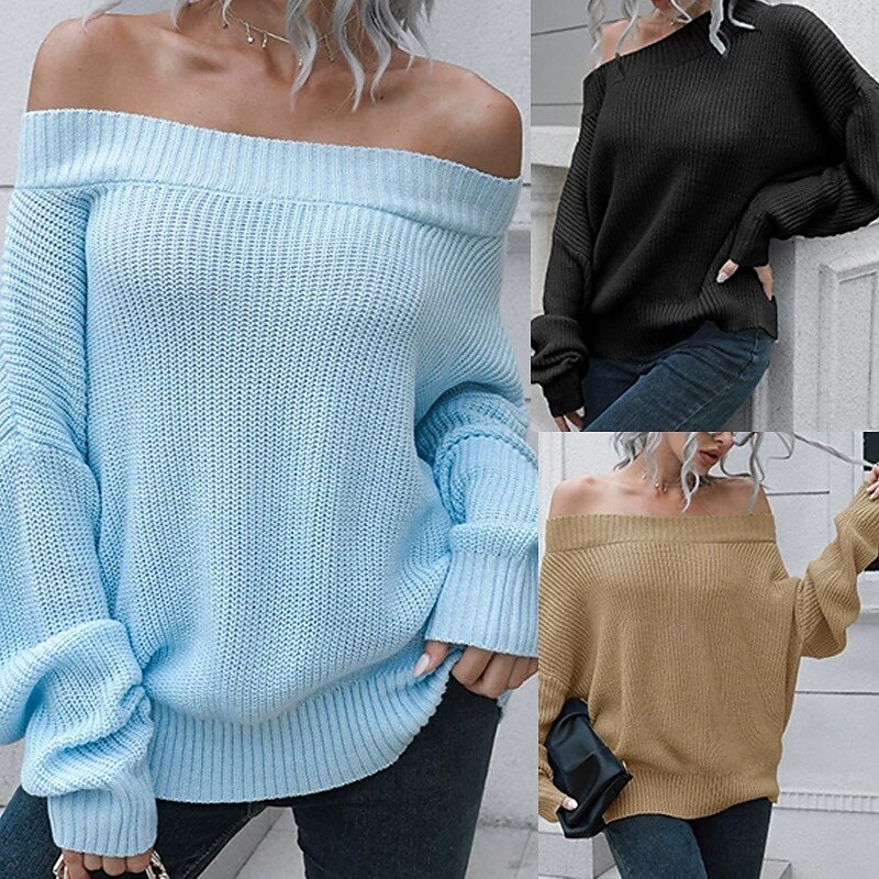 Damen Pullover Lässig Einfarbig Grobstrick Schulterfrei Gestrickt Langarm Normale Oberteile Stricken Täglich Ferien Ausgehen Schwarz Blau Herbst Winter 2025 - SGD S$35.94 –P1