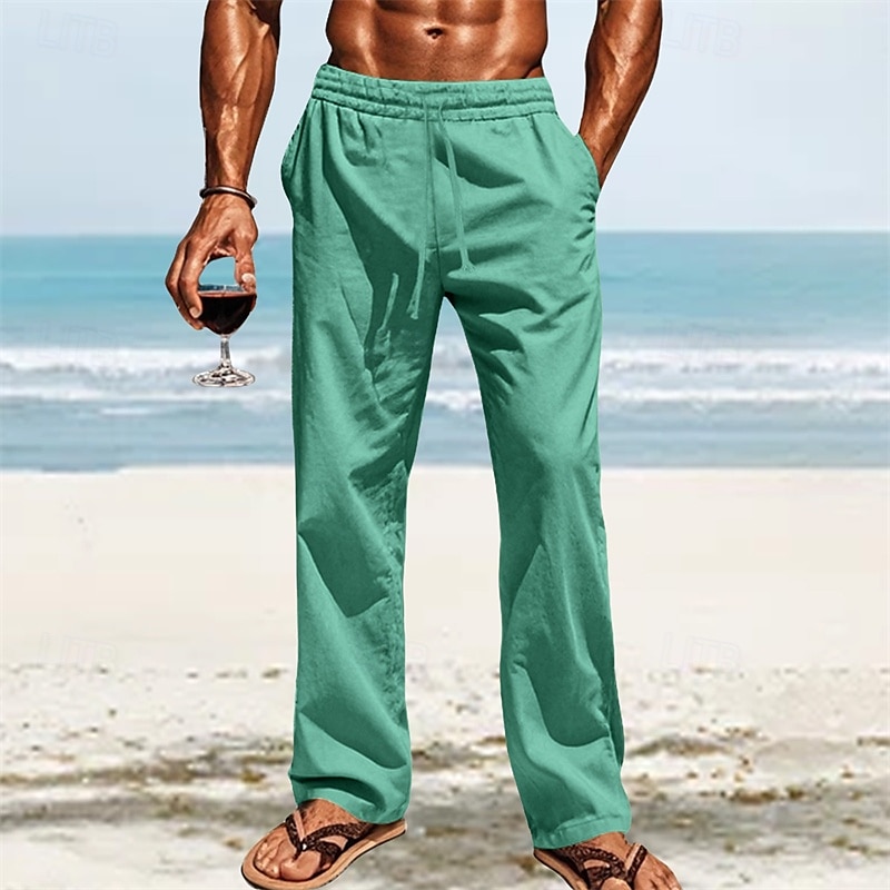 Men's Linen Pants Trousers Summer Pants Beach Pants Pocket Elastic Waist Drawstring Plain Comfort Breathable Vacation Daily Holiday Hawaiian Boho White Dark Red 2025 - $18.99 –P16