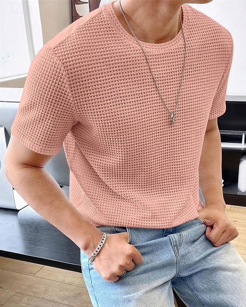 Homme T-shirt gaufré T-shirt Chemise à manches courtes Manche Courte Col ras du cou Été Uni Mode Designer Basique Jacquard Vacances Rue Sortir Rose Claire Kaki Café T-shirt haut de gamme pour homme de 2026 ? $18.49 –P1