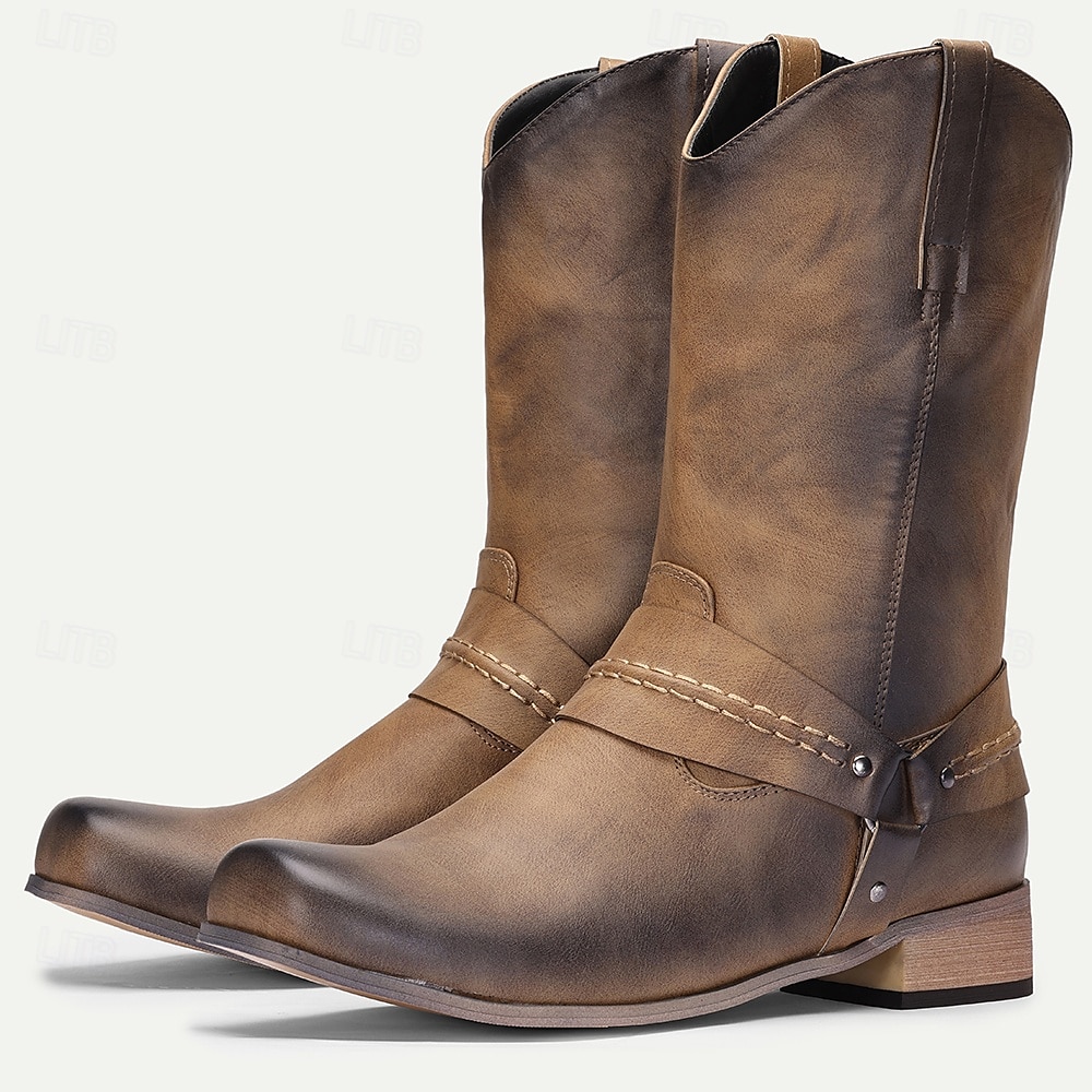 bruna westerncowboystövlar i konstläder för män – vintage pull-on-ridmodell för lantbruksarbete, countryfestivaler och westerntemafester 2025 - $46.99 –P1