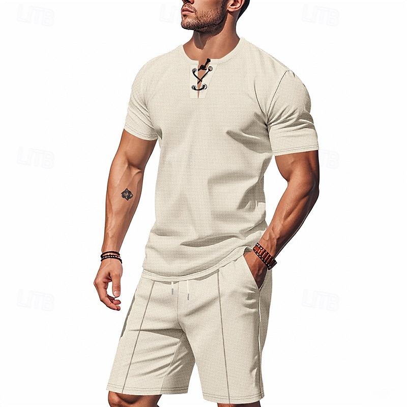 Per uomo Camicia a nido d'ape Completi T-shirt Outfit 2 pezzi Maglietta e pantaloncini Manica Corta Scollo a V Estate Semplice Moda Casual Allacciato 2 Pezzi Vacanza Abbigliamento quotidiano Uscire del 2025 a $28.99 –P16