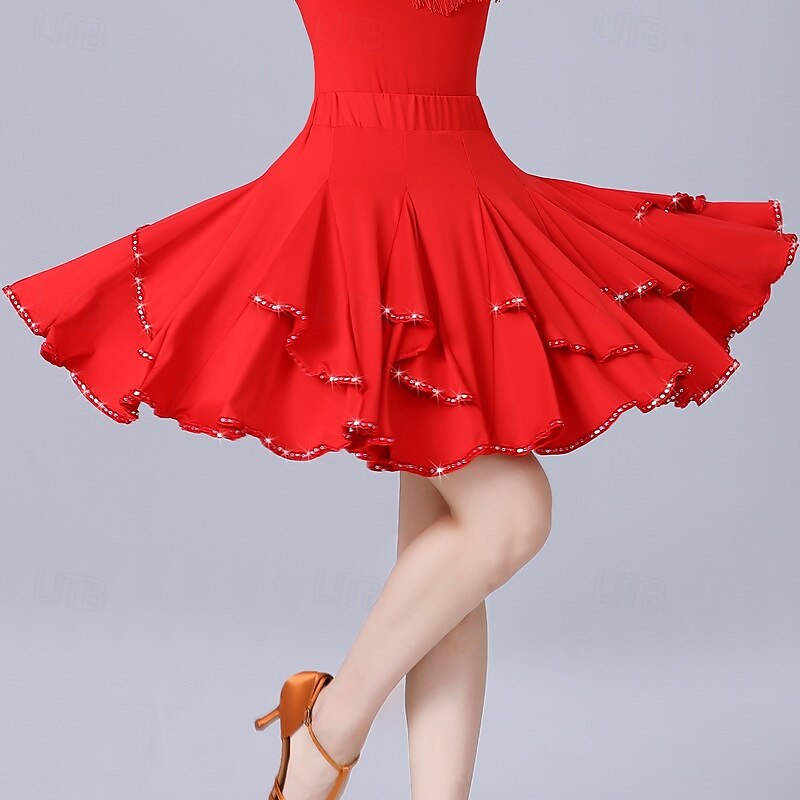 Lateinischer Ballsaal-Übungsrock für Damen – Cha-Cha/Rumba/Jitterbug-Dreischritt-Tanz-Halbrock, ausgestellte Rüschen für Square Dance & Bühne 2025 - $36.99 –P4