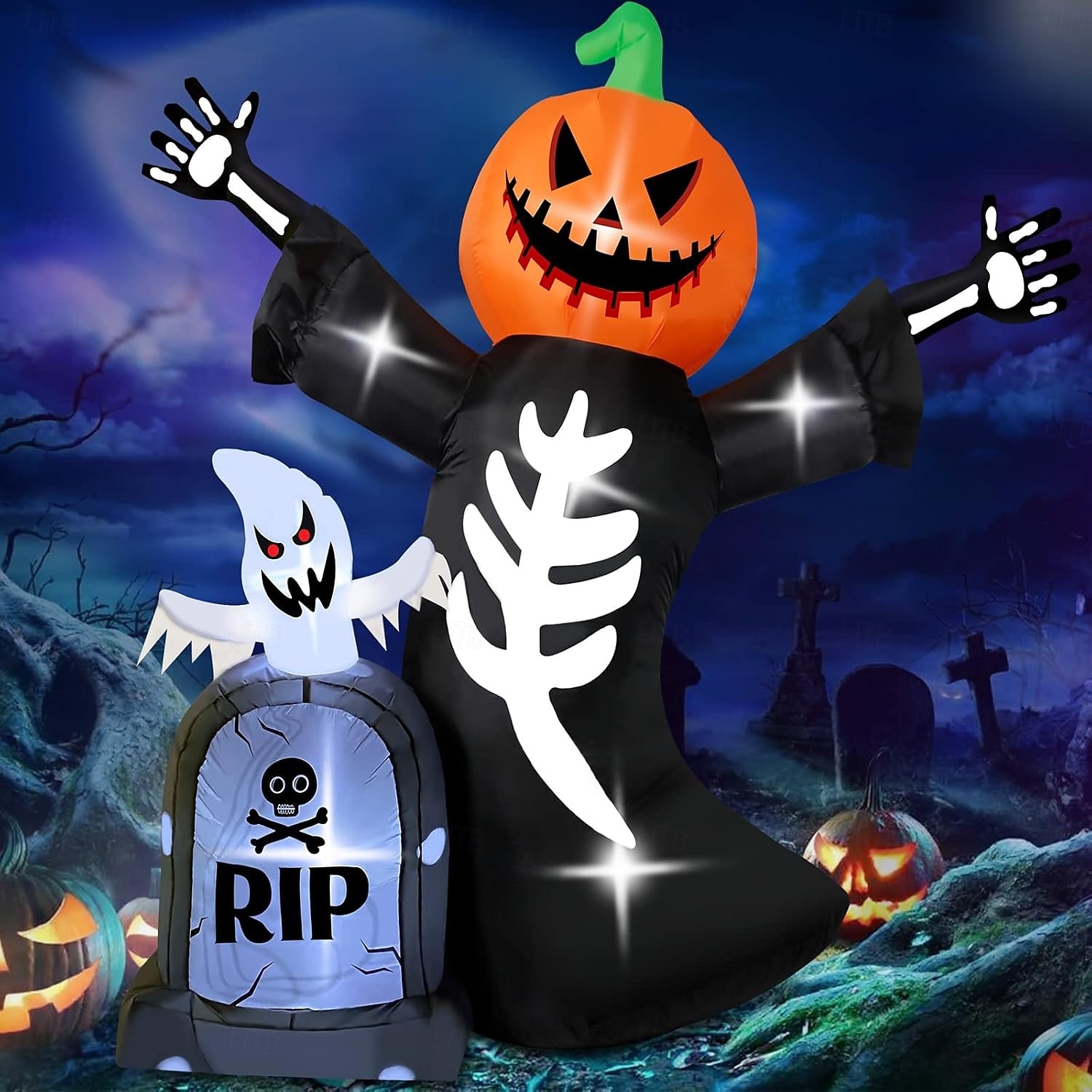 1 db 2,4 méteres kültéri halloweeni lámpás tökfej koponya szellem sírkő felfújható levegő modell beltéri és kültéri udvari kerti ösvény partidekorációs fények 2025 - $79.99 –P3