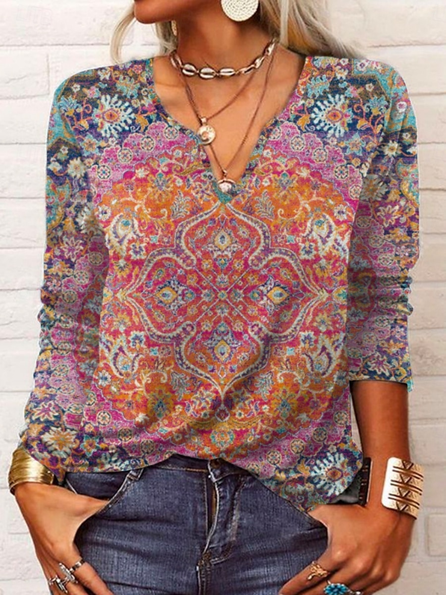 Mulheres Blusa Imprimir Floral Étnico Retro Vintage Manga Longa Decote V Tops regulares Diário Feriado Roxo Verão Primavera Outono de 2026 por $23.99 –P2