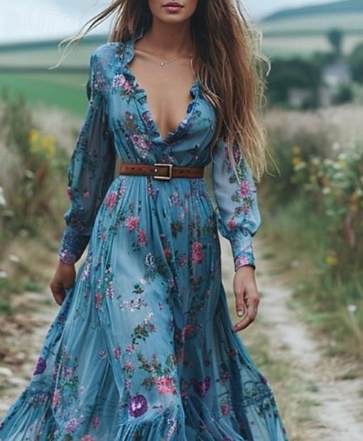 Dame Lang kjole Maxikjole Floral kjole Boho-kjole Western kjole Elegant Mote Moderne utendørs Feriereise Daglig Normal Blomsternål i krystall Langermet V-hals Blå Sommer 2025 - $36.99 –P2