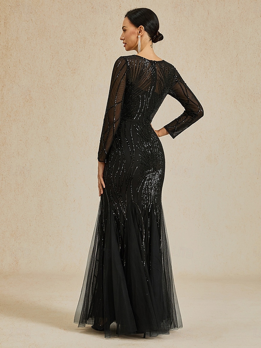 Damen Maxikleid Etui-Kleid Elegant Abendgesellschaft Normale Passform Einfarbig Langarm Rundhalsausschnitt Schwarz Herbst Winter 2025 - $171.99 –P2