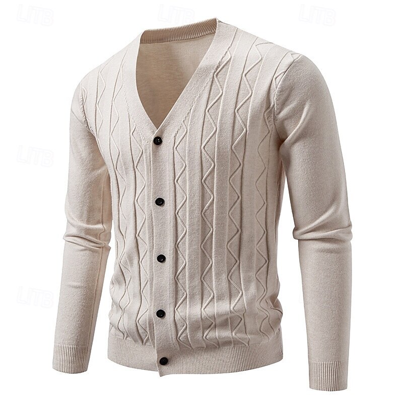 Men's Cardigan Sweater Cropped  Sweater Knit Sweater Ribbed Knit Regular Tops Buttons Jacquard Plain V Neck Fashion Classic Vacation Daily Wear Clothing Apparel Fall Winter Black Navy Blue S M L 2025 - $23.99 –P2