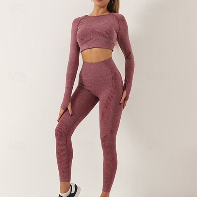 Mulheres Macacão de ioga com franzido Moletom de ioga Trajes de lazer Outono Côr Sólida Conjuntos Cinzento Escuro Preto Treino de Ginástica Cintura Alta Esticar Respirável Manga Longa Esporte Roupas de 2025 por $46.99 –P2