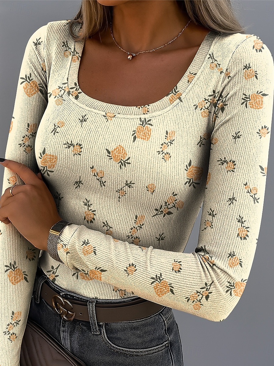 Camiseta para mujer de manga larga con gráfico de cuello cuadrado túnica de manga larga casual floral plantas vintage estilosa top regular wear diario estampado en negro blanco amarillo verde claro 2026 - $26.99 –P4
