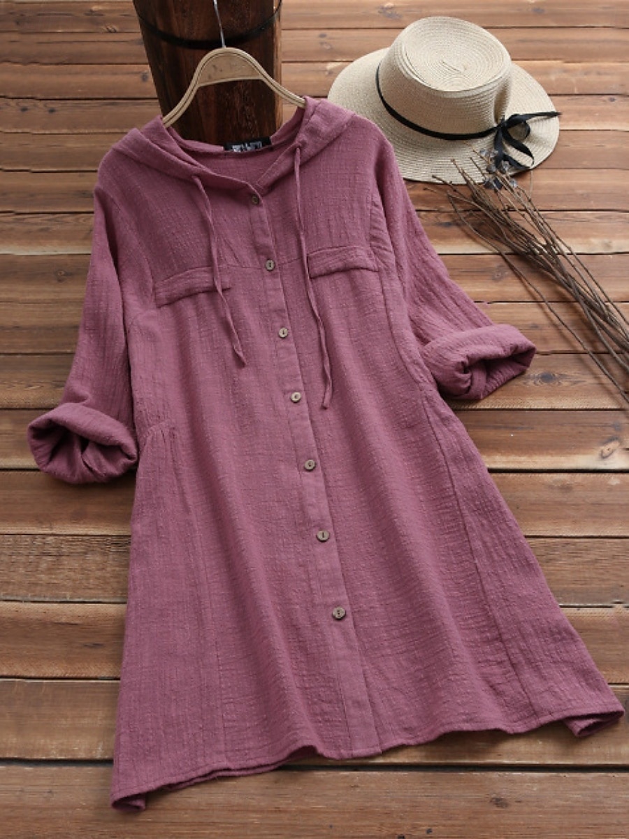 Mulheres Blusa Côr Sólida Casual Manga Longa Com Capuz Tops longos Diário Bolsos Botões Amarelo Vinho Fúcsia Cinzento Verão Outono de 2025 por $23.99 –P1