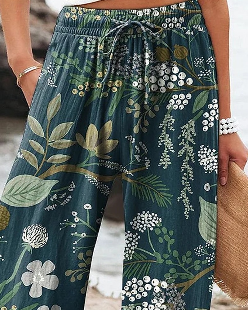 Women's Wide Leg Pants Trousers Palazzo Pants Fashion Boho Full Length High Waist Flower Drawstring Elastic Waist Print Breathability Comfortable Street Daily Wear Going out Dark Blue Spring Fall 2026 - $24.99 –P2