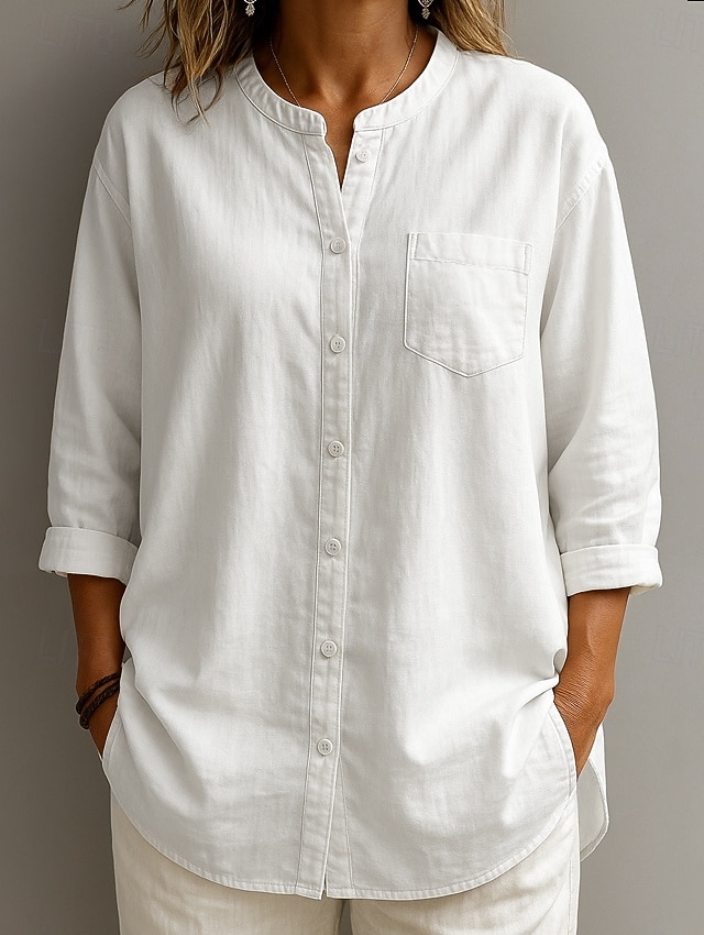 Жен. Рубашка Сплошной цвет Элегантный стиль Повседневные На каждый день Рукав 3/4 Вырез под горло Обычные топы Синий Белый Темно синий Бежевый Лето Весна Весна, осень, зима, лето 2026 - $26.99 –P1