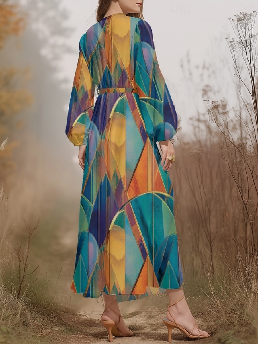Damen Midikleid Freizeitkleid Chiffon Schwingkleid Modern Urlaub Täglich Wochenende Normale Passform Geometrisch Langarm V Ausschnitt Blau Dunkelgrün Purpur Grün Sommer Frühling Herbst 2025 - $31.99 –P8