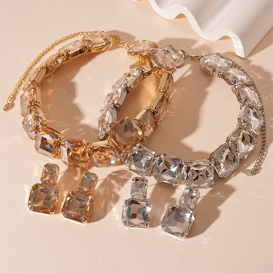 Women's Gold Crystal Jewelry Set - Chunky Rhinestone Choker Necklace and Drop Earrings for Glamorous Party and Evening Wear 2025 - $14.99 –P3