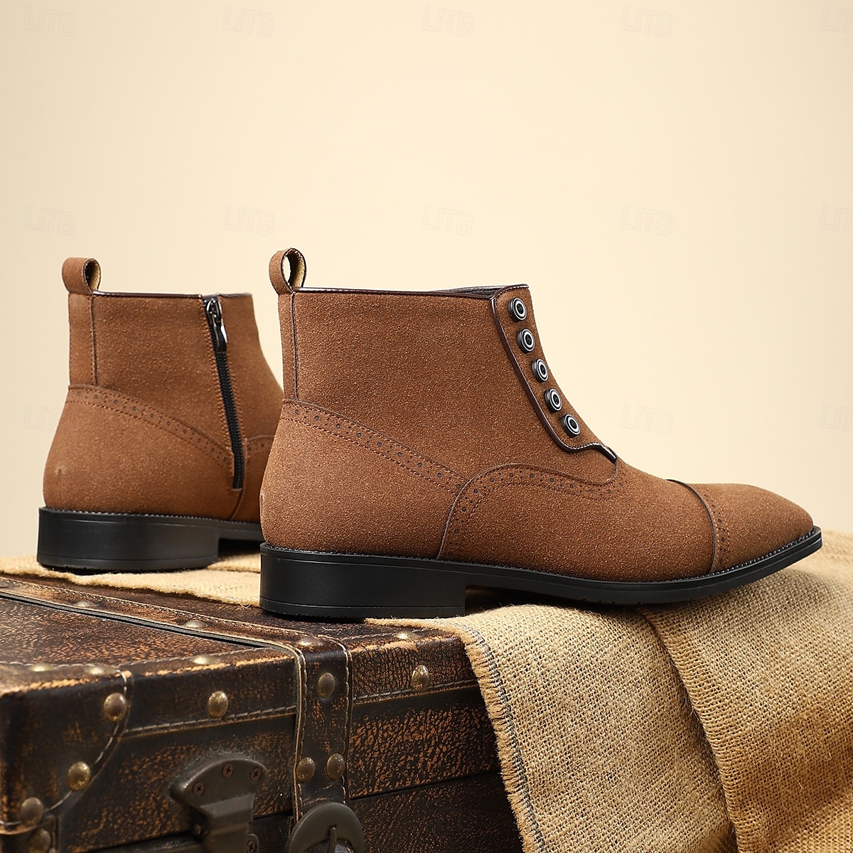 Men's Beige Lace-Up Ankle Boots with Round Toe and Classic Stitching, Vintage Business-Casual Footwear for Office, Urban Walking and Smart Daily Outfits 2025 - $46.99 –P8