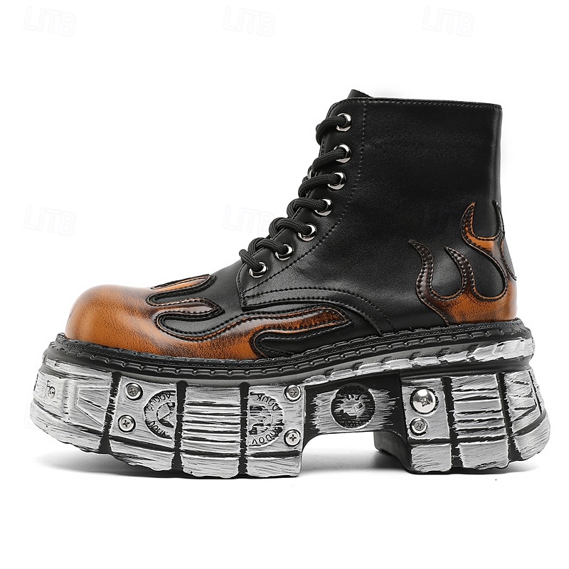 herre gotiske flammende platåstøvler – steampunk ankelstøvletter med grov såle og snøring for punkrockfester og cosplay 2025 - $84.99 –P10