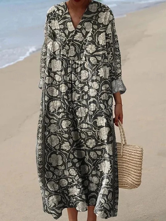 Pentru femei Rochie Maxi Rochie de Vară Rochie A line Vacanță Casual Ieșire Potrivire Largă Floral Grafic Imprimeu Paisley Manșon Lung În V Roz Deschis Negru Roz Închis Portocaliu Vară Primăvar 2025 - $35.99 –P2