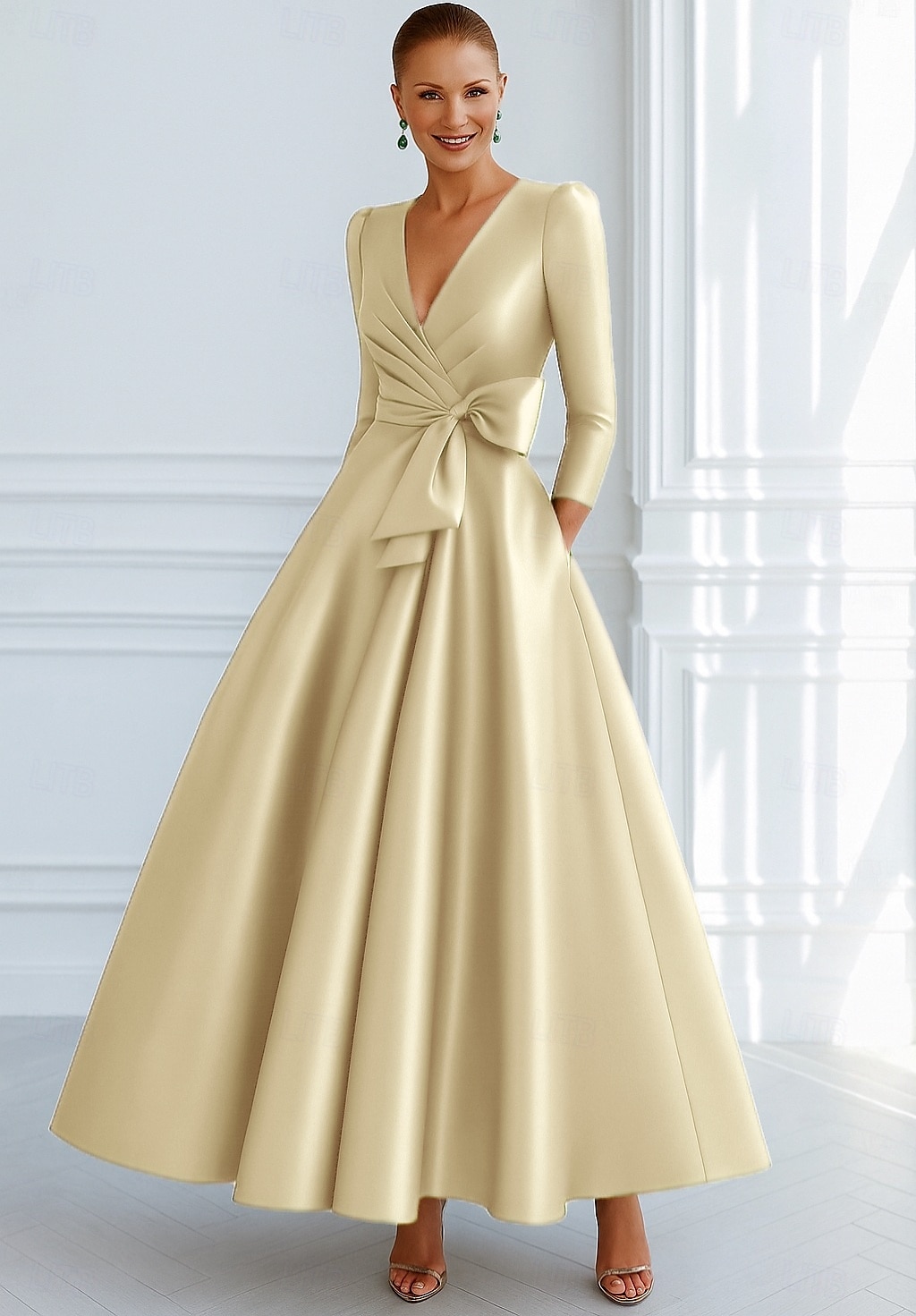Bind A-Linien Abendkleid Elegantes Kleid Formelle Hochzeitsgast Boden Länge 3/4 Länge Ärmel V-Ausschnitt Tasche Stretch Satin mit Schleife(n) 2025 - $147.99 –P5