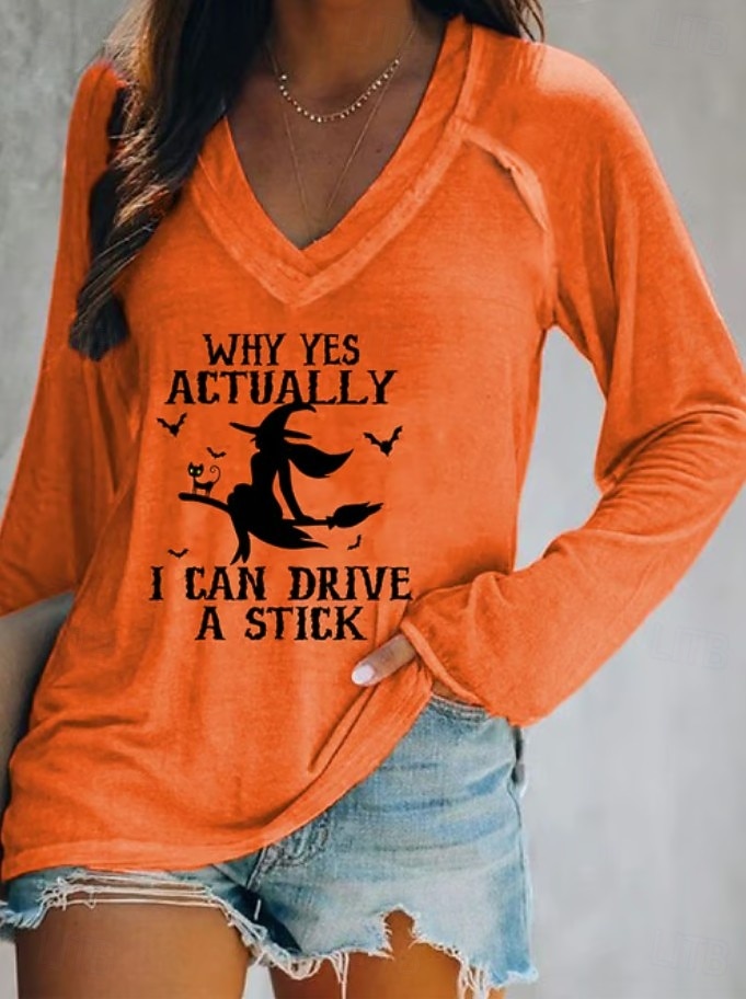 Women's T shirt Witch Long Sleeve V Neck Long Sleeve Graphic Casual Letter Vintage Stylish Western Tops Daily Weekend Vacation Wear Print Black White Pink Navy Blue Blue Spring Fall Prefall 2025 - $22.99 –P1