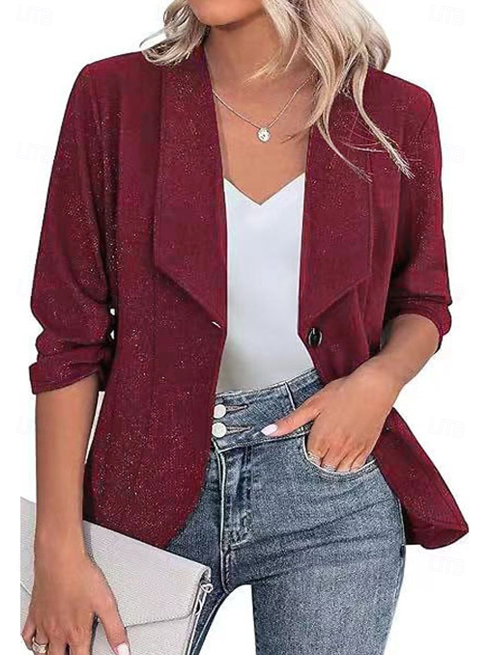 Damen Blazer Bequem Atmungsaktiv Knöpfe Mode Modern Einfach Arbeit Täglich Regulär Umlegekragen Normale Passform Langarm Oberbekleidung Schwarz Weiß Burgunderrot Herbst Winter 2025 - $26.99 –P2