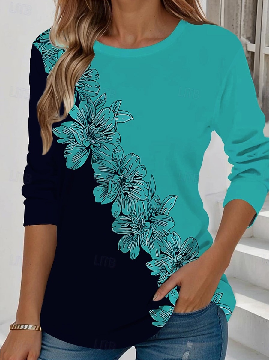 Femmes T-shirt Fleuri Graphique Plantes ancien Élégant Classique manche longue Col ras du cou Col rond Hauts Réguliers Quotidien Week-end Imprimé Jaune Vert Claire Bleu Bleu Ciel Violet Été de 2025 ? $22.99 –P1