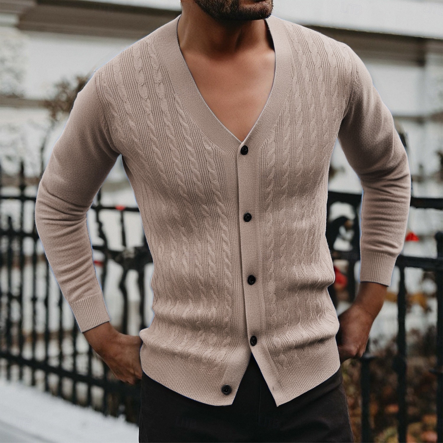 Herren Strickjacke Kurzer Cardigan-Pullover Verkürzter Pullover Gerippt Zopfmuster Stricken Abgeschnitten Gestrickt Basic Einfarbig V Ausschnitt Alltagskleidung Familientreffen Bekleidung Herbst 2025 - $23.99 –P8