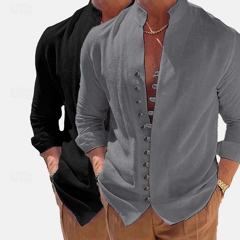 Men's Shirt Linen Shirt Summer Shirt Casual Shirt Button Up Shirt Plain Vacation Curise Green+pink Green+Khaki Blue+Khaki Khaki+Orange Long Sleeve Band Collar Summer Spring &  Fall Clothing Apparel 2026 - $29.99 –P13