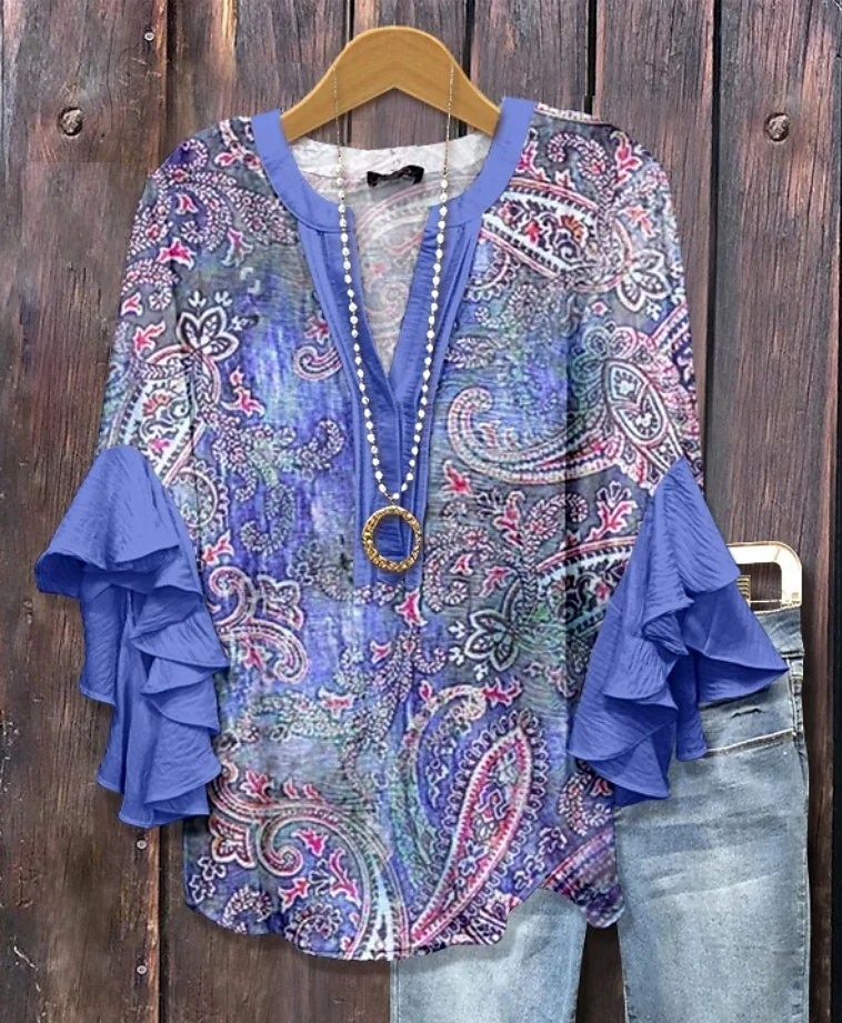 Easter Women's Blouse Floral Graphic Elegant Bohemia Ethnic 3/4 Length Sleeve V Neck Regular Tops Daily Holiday Vacation Wear Ruffle Print White Light Green Blue Purple Green Summer Spring Fall 2025 - $29.99 –P5