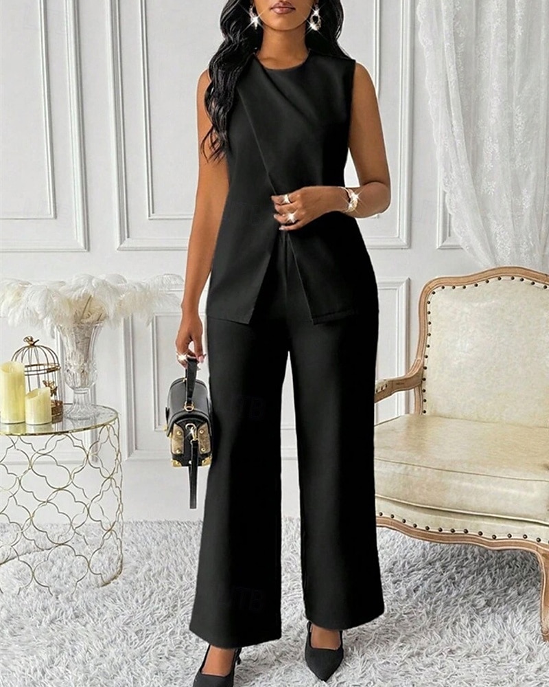 Dam Elegant Mode Byxuppsättningar Bolero Top Ärmlös Rund hals Ensfärgat Semester Ledigt / vardag Svart Vit Rubinrött Sommar Normal 2025 - $29.99 –P2