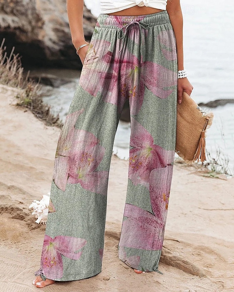 Női Széles lábszár Nadrágok Palazzo nadrág Divat Utcai sikk Teljes hossz Magas derék Virág Zsinór Rugalmas derék Nyomtatott Lélegzési képesség Kényelmes Utca Hétköznapi viselet Alkalmi Fehér Lóhere 2026 - $24.99 –P2