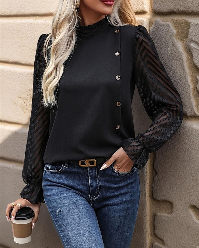 Per donna Camicia Semplice Elegante Moderno Manica Lunga Collo Alto Top Regolari Quotidiano Uscire Bottoni Rete Nero Primavera Autunno del 2025 a $23.99 –P2
