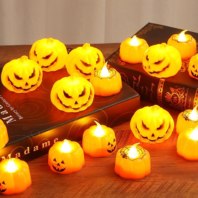 12 candele elettroniche a forma di zucca di Halloween con faccia di ragno, per interni ed esterni, per decorazioni di feste, atmosfere luminose del 2025 a $15.99 –P11