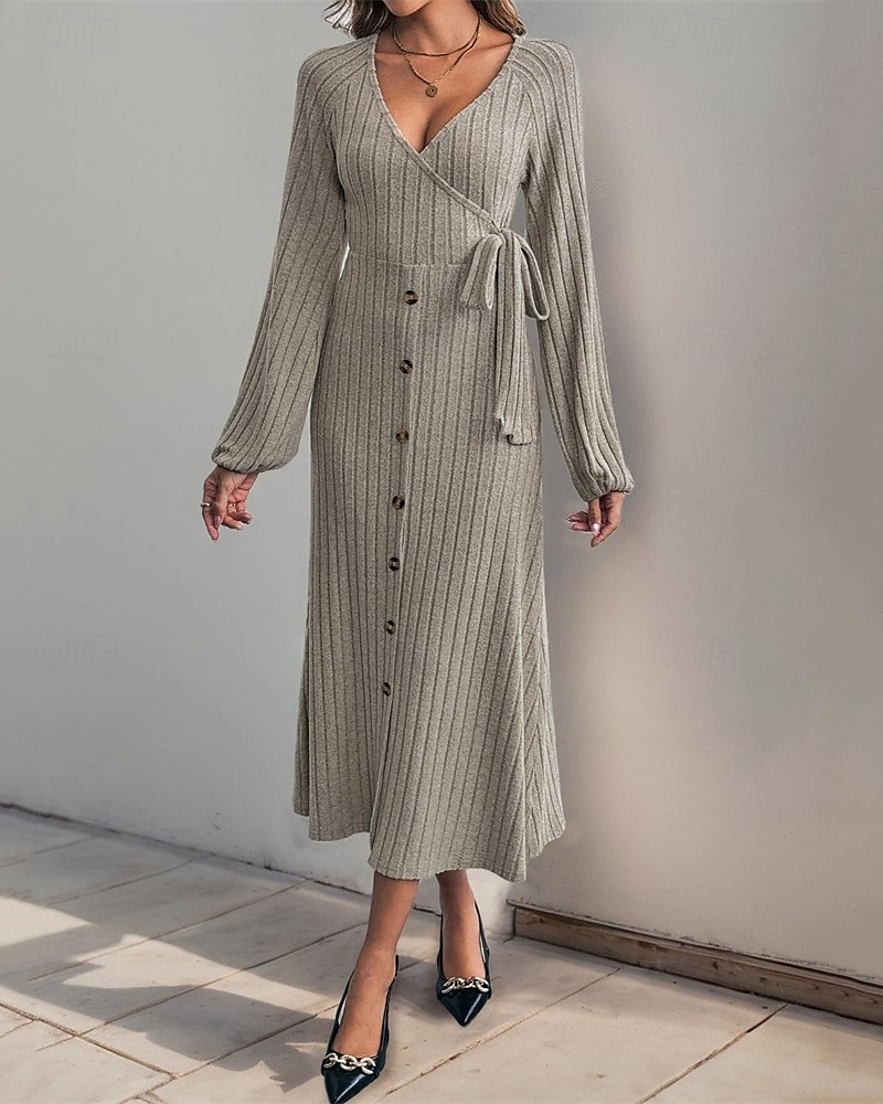 Femmes Robe Midi Robe Tricot Robe Décontractée Mode Moderne Quotidien Date Week-end Coupe régulière Uni manche longue Col en V Kaki Automne Hiver de 2025 ? $29.99 –P6